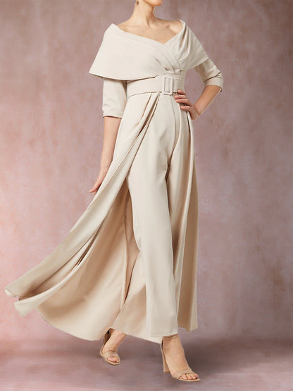 Chiffon V-Neck 3/4 Sleeves Floor-Length Pleated Mother of the Bride Pantsuits with Sash