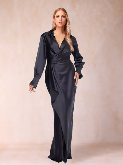 Sheath/Column Shirt Collar Floor-Length Long Sleeves Mother of the Bride Dresses with Ruffles