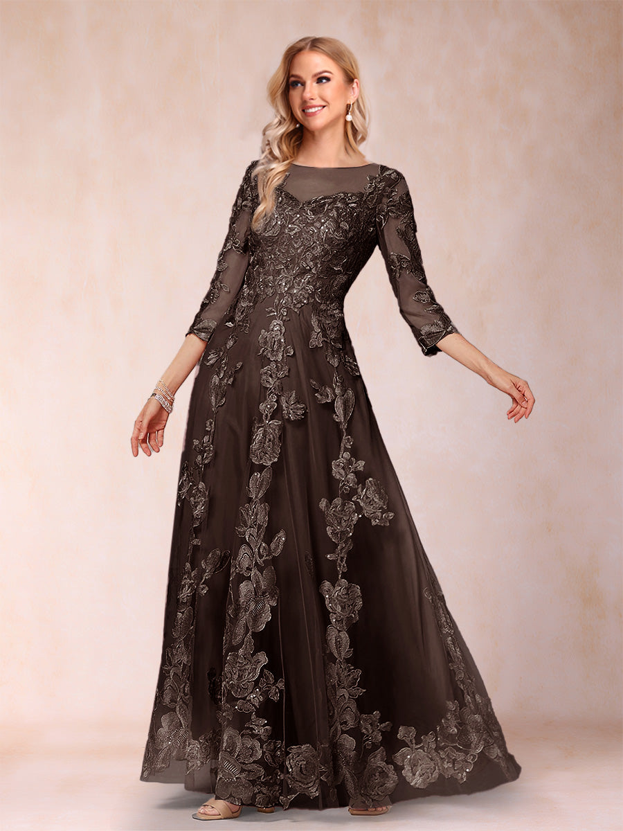 A-Line/Princess Illusion Scoop Floor-Length 3/4 Sleeves Mother of the Bride Dresses with Appliques