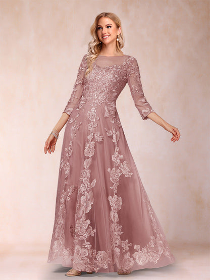 A-Line/Princess Illusion Scoop Floor-Length 3/4 Sleeves Mother of the Bride Dresses with Appliques