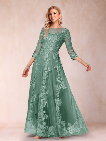 A-Line/Princess Illusion Scoop Floor-Length 3/4 Sleeves Mother of the Bride Dresses with Appliques