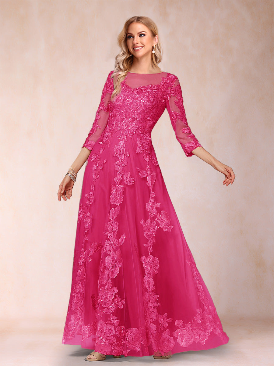 A-Line/Princess Illusion Scoop Floor-Length 3/4 Sleeves Mother of the Bride Dresses with Appliques