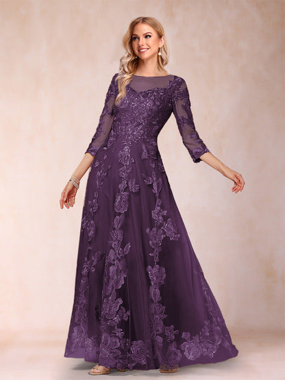 A-Line/Princess Illusion Scoop Floor-Length 3/4 Sleeves Mother of the Bride Dresses with Appliques