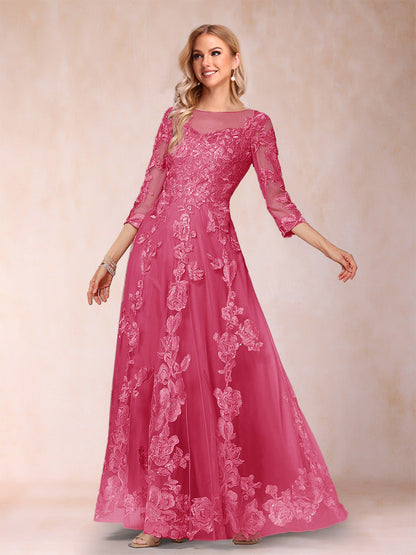 A-Line/Princess Illusion Scoop Floor-Length 3/4 Sleeves Mother of the Bride Dresses with Appliques