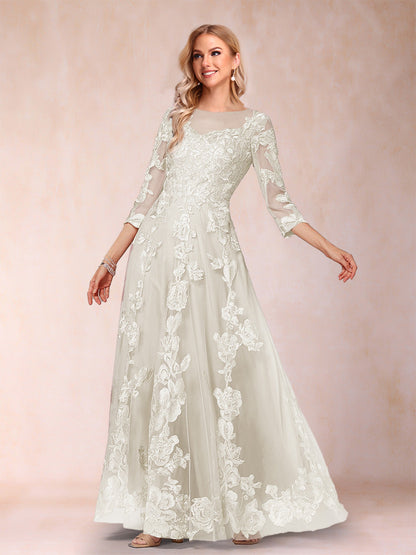 A-Line/Princess Illusion Scoop Floor-Length 3/4 Sleeves Mother of the Bride Dresses with Appliques