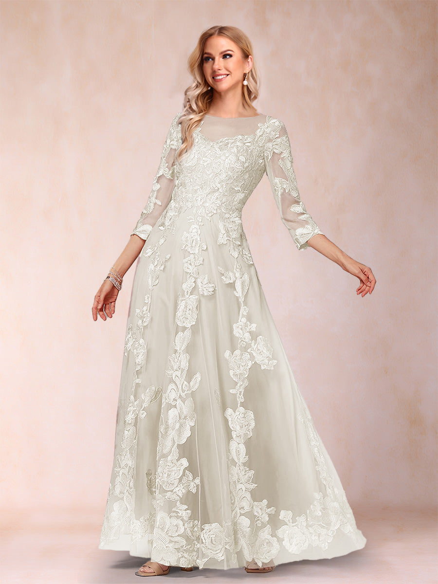 A-Line/Princess Illusion Scoop Floor-Length 3/4 Sleeves Mother of the Bride Dresses with Appliques