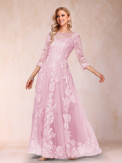 A-Line/Princess Illusion Scoop Floor-Length 3/4 Sleeves Mother of the Bride Dresses with Appliques
