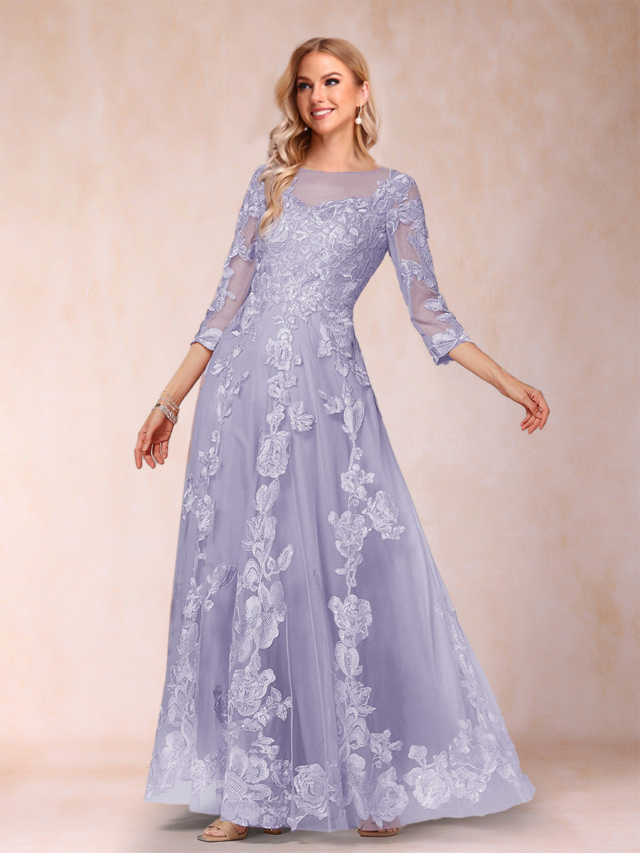A-Line/Princess Illusion Scoop Floor-Length 3/4 Sleeves Mother of the Bride Dresses with Appliques