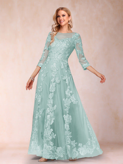 A-Line/Princess Illusion Scoop Floor-Length 3/4 Sleeves Mother of the Bride Dresses with Appliques