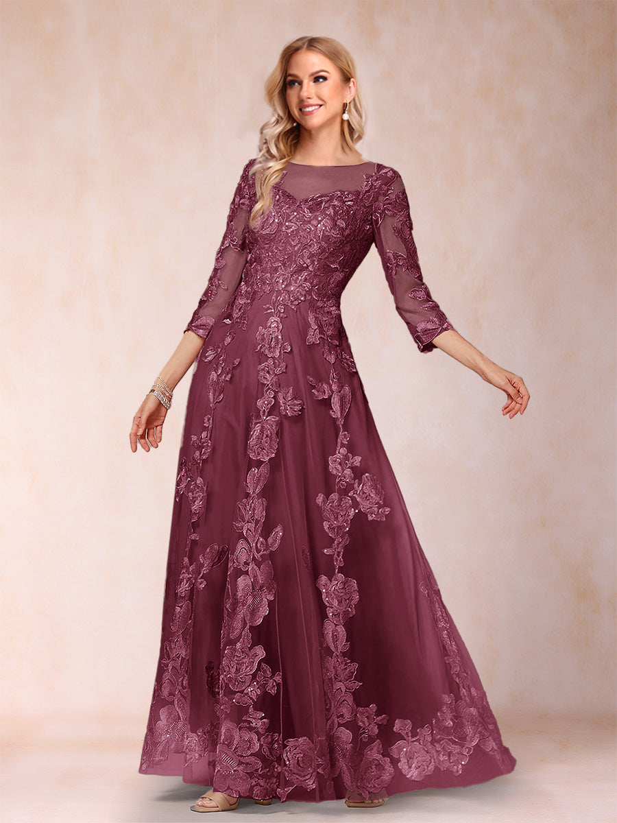 A-Line/Princess Illusion Scoop Floor-Length 3/4 Sleeves Mother of the Bride Dresses with Appliques