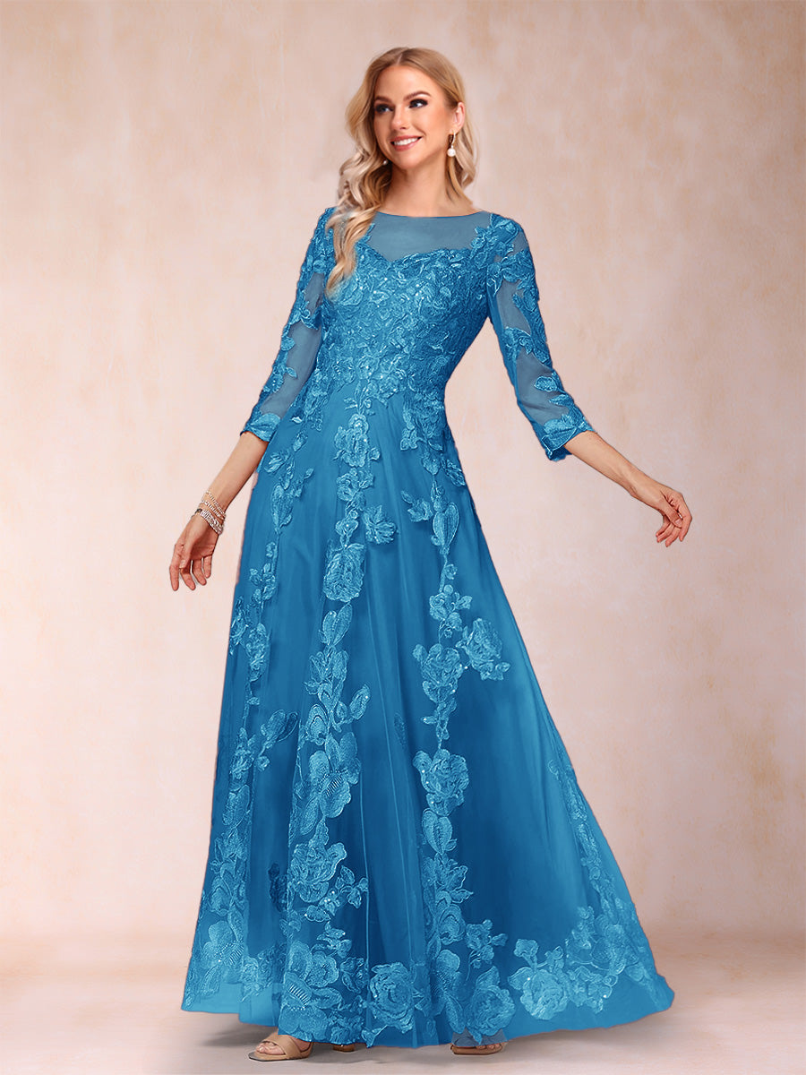 A-Line/Princess Illusion Scoop Floor-Length 3/4 Sleeves Mother of the Bride Dresses with Appliques