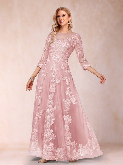 A-Line/Princess Illusion Scoop Floor-Length 3/4 Sleeves Mother of the Bride Dresses with Appliques