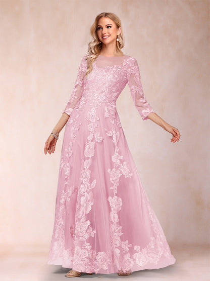 A-Line/Princess Illusion Scoop Floor-Length 3/4 Sleeves Mother of the Bride Dresses with Appliques
