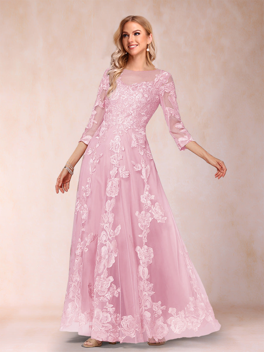 A-Line/Princess Illusion Scoop Floor-Length 3/4 Sleeves Mother of the Bride Dresses with Appliques
