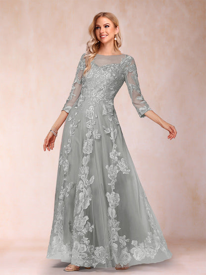 A-Line/Princess Illusion Scoop Floor-Length 3/4 Sleeves Mother of the Bride Dresses with Appliques