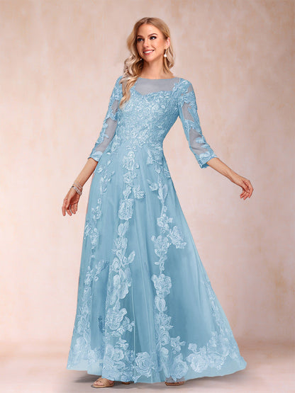 A-Line/Princess Illusion Scoop Floor-Length 3/4 Sleeves Mother of the Bride Dresses with Appliques