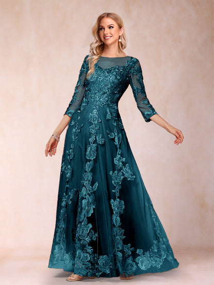 A-Line/Princess Illusion Scoop Floor-Length 3/4 Sleeves Mother of the Bride Dresses with Appliques