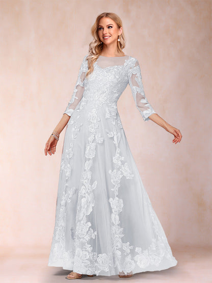 A-Line/Princess Illusion Scoop Floor-Length 3/4 Sleeves Mother of the Bride Dresses with Appliques