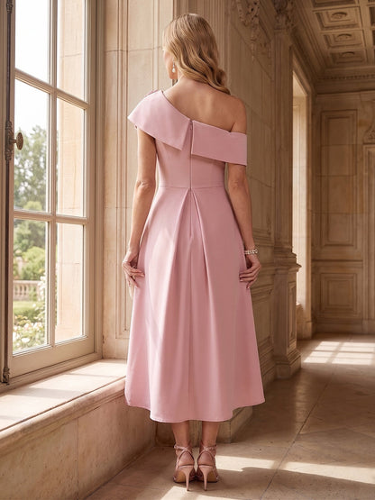 Sheath/Column One-Shoulder Tea-Length Short Sleeves Mother of the Bride Dresses with Flowers & Pleated