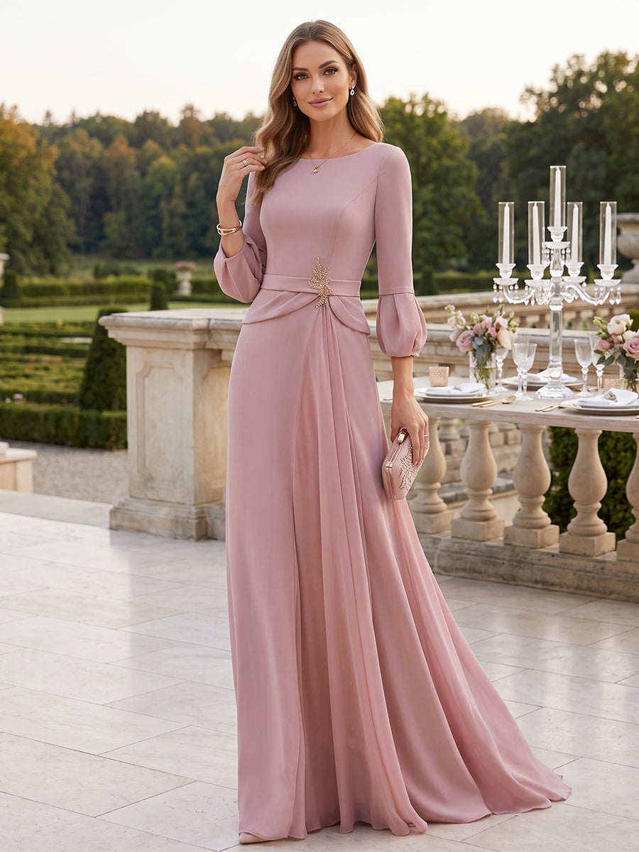 Sheath/Column Scoop 3/4 Sleeves Satin Floor-Length Formal Dresses with Belt