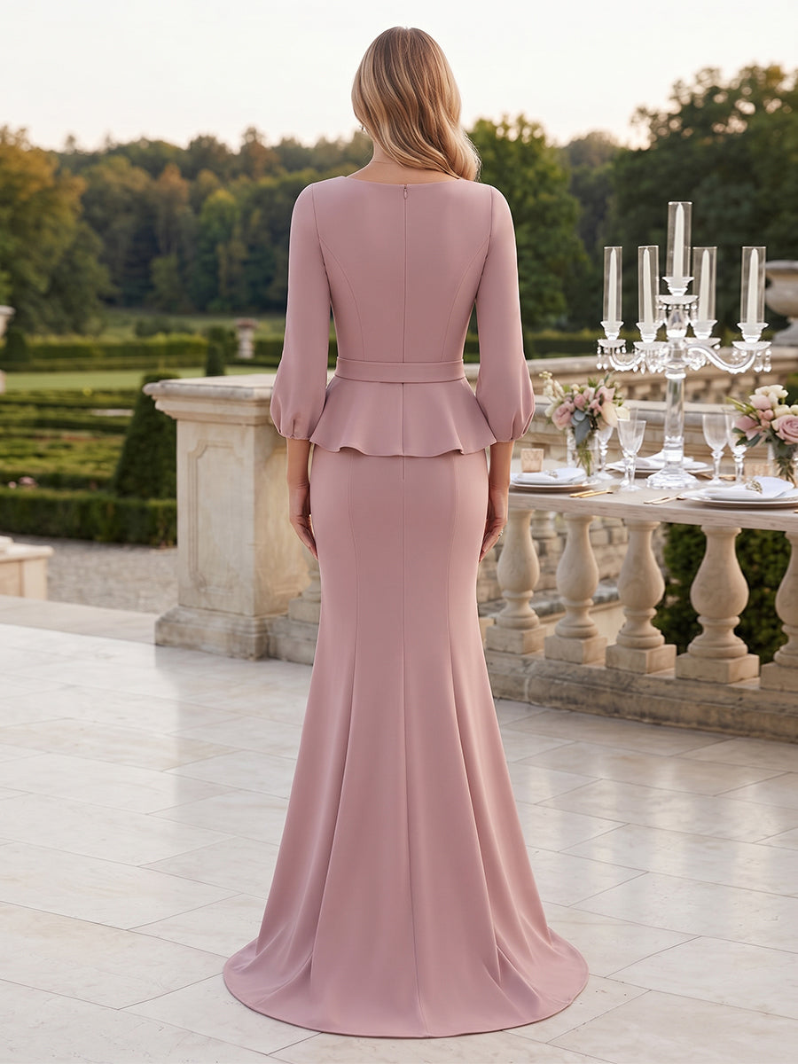 Sheath/Column Scoop 3/4 Sleeves Satin Floor-Length Formal Dresses with Belt