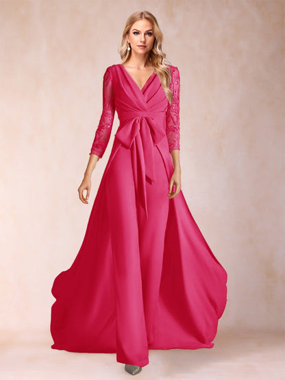Chiffon V-Neck 3/4 Sleeves Floor-Length Ruched Mother of the Bride Pantsuits with Appliques