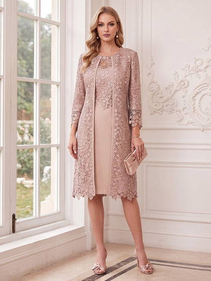 Sheath/Column Scoop 3/4 Sleeves Knee Length 2 Pieces Mother of the Bride Dresses with Jacket & Lace