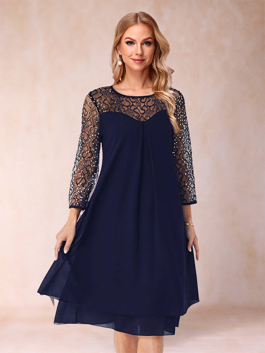 Sheath/Column Scoop Long Sleeves Knee-Length Mother of the Bride Dresses with Rhinestones