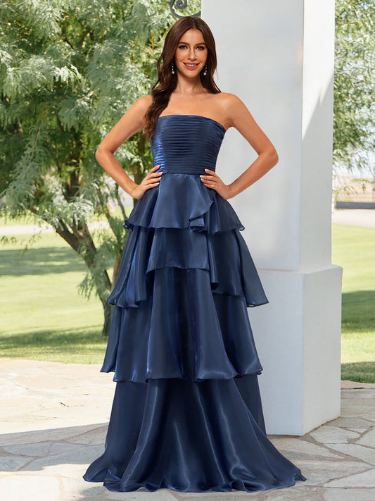 A-Line/Princess Strapless Ruffle Tiered Prom Dresses with Split Side