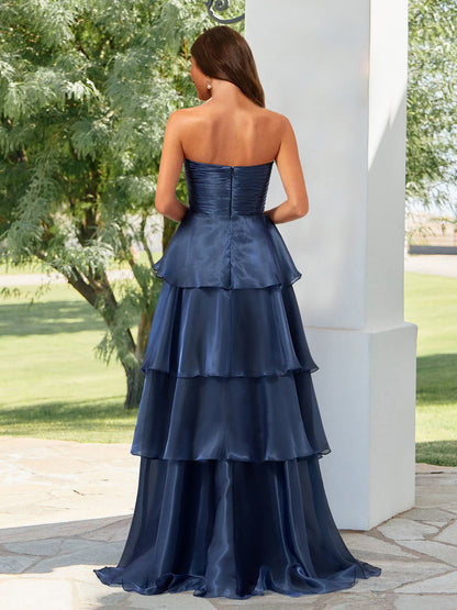 A-Line/Princess Strapless Ruffle Tiered Prom Dresses with Split Side
