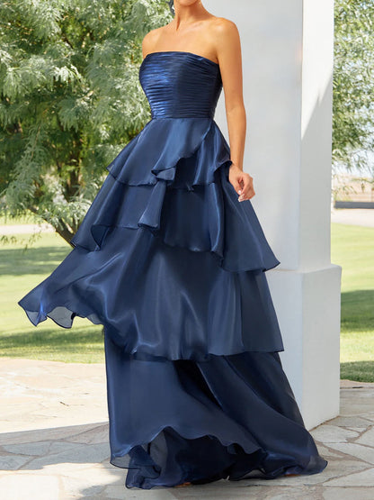 A-Line/Princess Strapless Ruffle Tiered Prom Dresses with Split Side