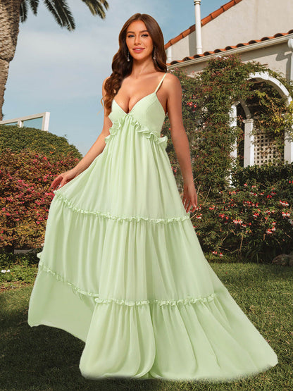 A-Line/Princess V-Neck Straps Floor-Length Long Ruffle Bridesmaid Dresses