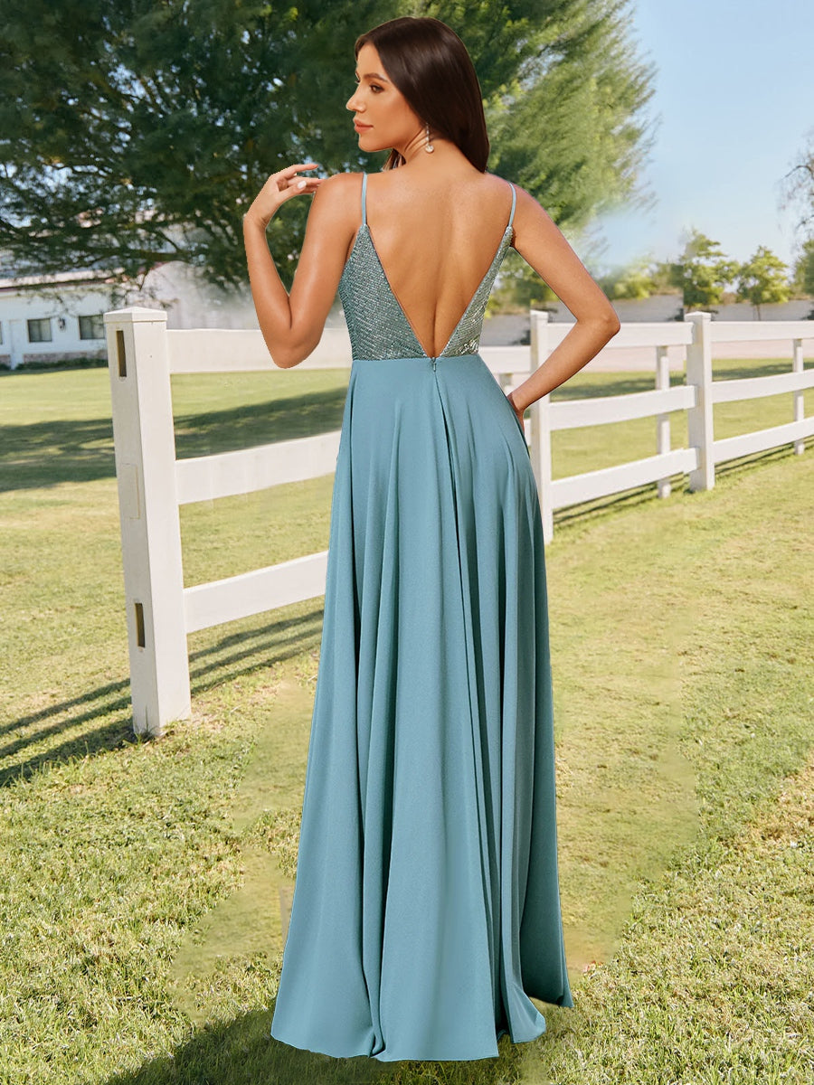 A-Line/Princess V-Neck Straps Floor-Length Long Bridesmaid Dresses with Sequins