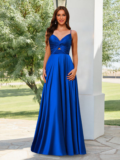 A-Line/Princess V-Neck Straps Floor-Length Pleated Long Bridesmaid Dresses