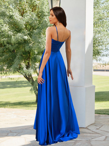 A-Line/Princess V-Neck Straps Floor-Length Pleated Long Bridesmaid Dresses