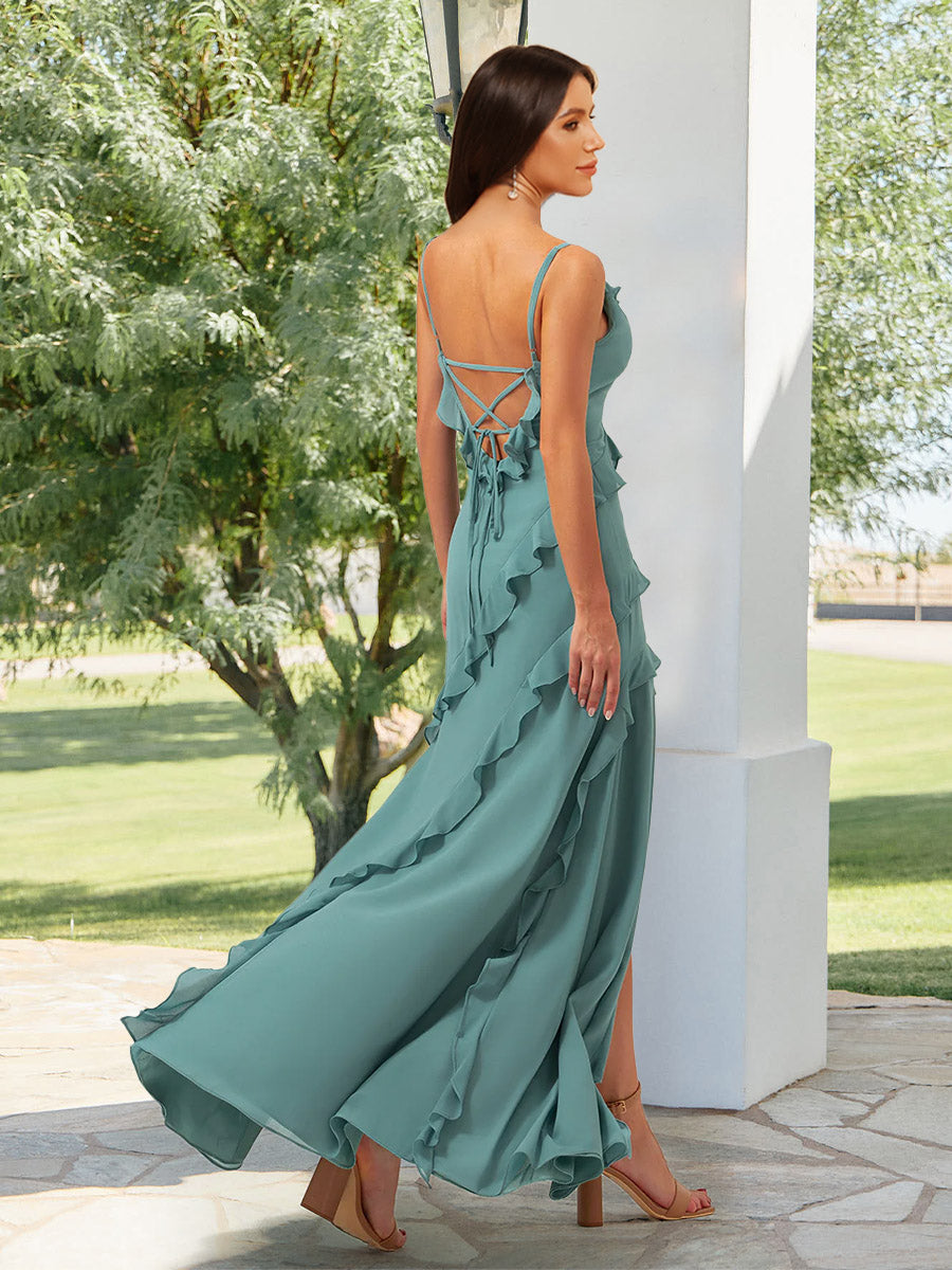 Sheath/Column Straps V-Neck Floor-Length Tiered Long Bridesmaid Dresses with Ruffles - As Picture Sheath/Column Straps V-Neck Floor-Length Tiered Long Bridesmaid Dresses with Ruffles - As Picture