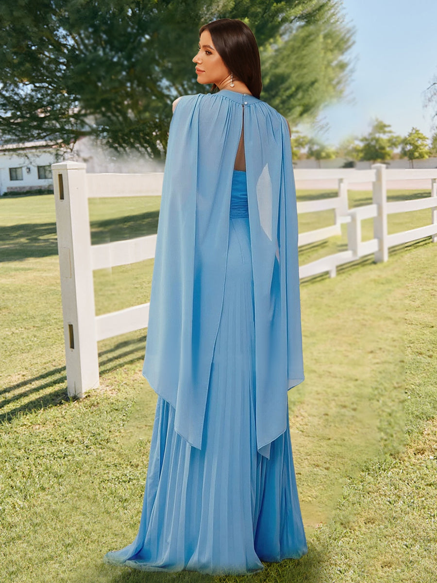 A-Line/Princess Halter Keyhole Pleated Long Bridesmaid Dresses with Cape