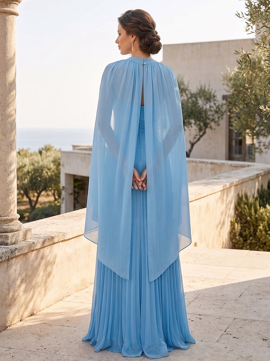 A-Line/Princess Halter Keyhole Sleeveless Long Bridesmaid Dresses with Cape & Pleated