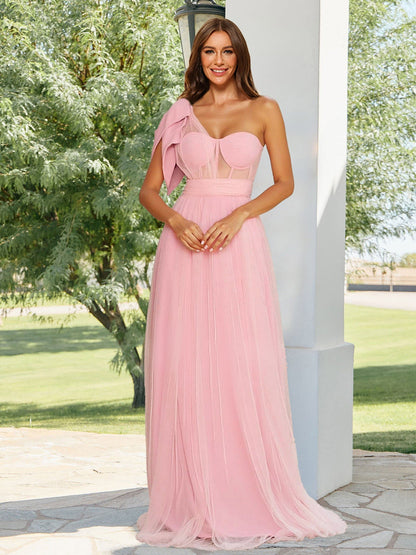 A-Line/Princess One-Shoulder Sheer Corset Long Bridesmaid Dresses with Bow