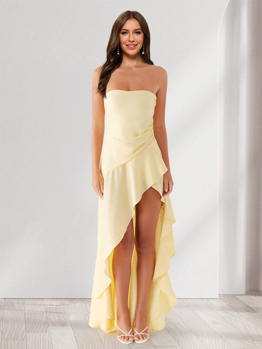 Sheath/Column Asymmetrical Strapless Slit Long Bridesmaid Dresses with Ruffles
