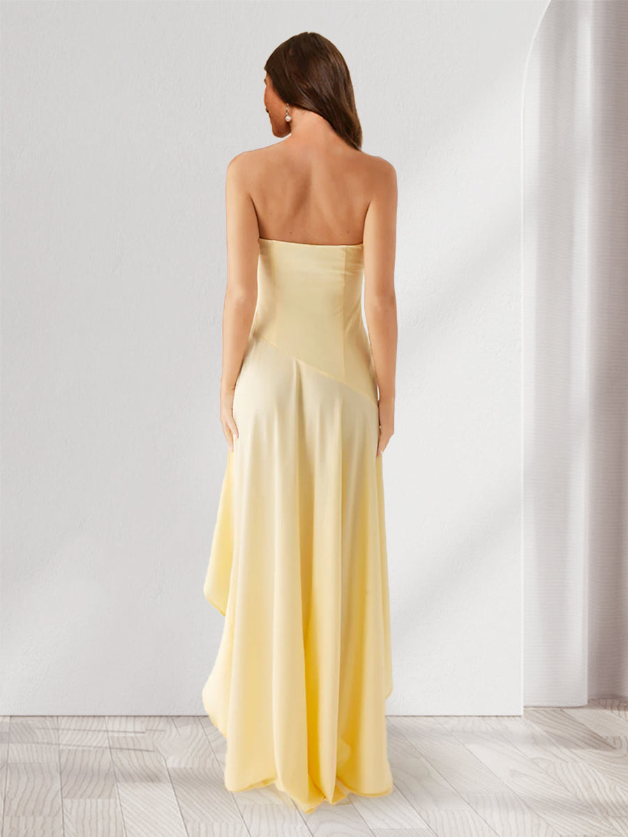 Sheath/Column Asymmetrical Strapless Slit Long Bridesmaid Dresses with Ruffles