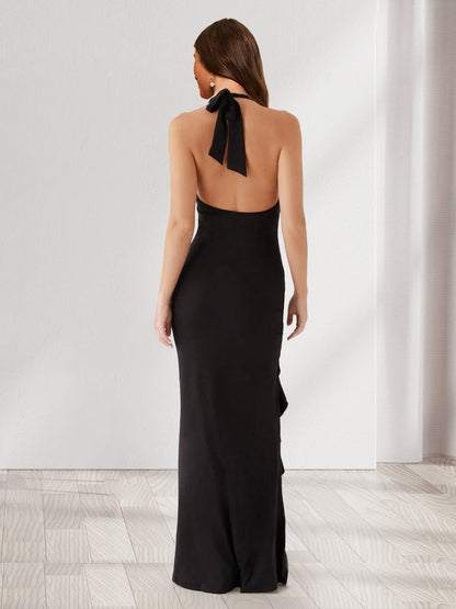 Sheath/Column Halter Ruffle Long Bridesmaid Dresses with Split Side