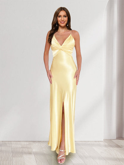 Sheath/Column Straps V-Neck Pleated Long Bridesmaid Dresses with Split Side