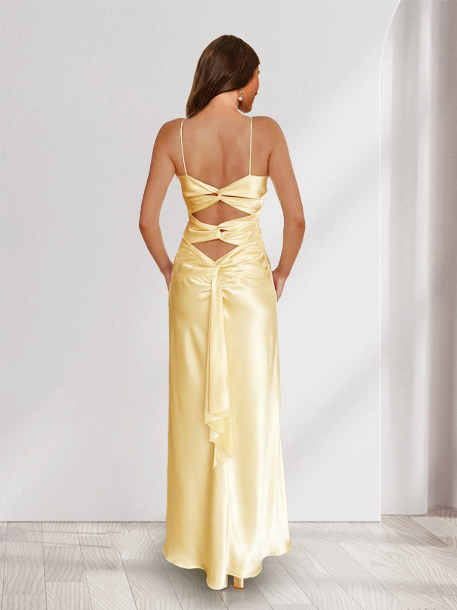 Sheath/Column Straps V-Neck Pleated Long Bridesmaid Dresses with Split Side