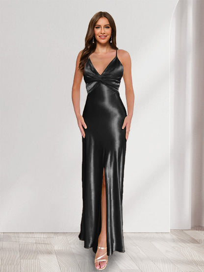 Sheath/Column Straps V-Neck Pleated Long Bridesmaid Dresses with Split Side