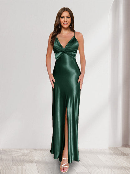 Sheath/Column Straps V-Neck Pleated Long Bridesmaid Dresses with Split Side