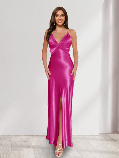 Sheath/Column Straps V-Neck Pleated Long Bridesmaid Dresses with Split Side