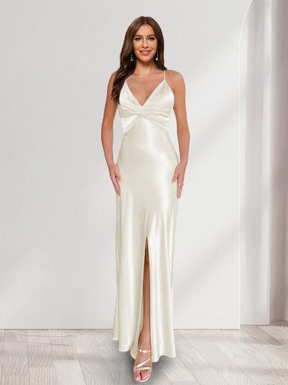 Sheath/Column Straps V-Neck Pleated Long Bridesmaid Dresses with Split Side