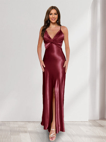 Sheath/Column Straps V-Neck Pleated Long Bridesmaid Dresses with Split Side