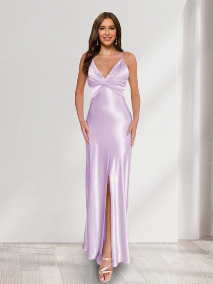 Sheath/Column Straps V-Neck Pleated Long Bridesmaid Dresses with Split Side